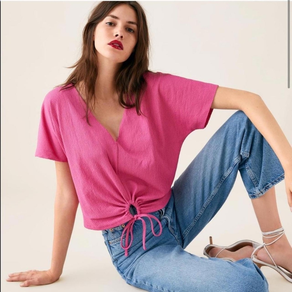 Zara Pink Short Sleeve Drawstring V Neck Relaxed Crop Top Women's Size Small S - Picture 1 of 11